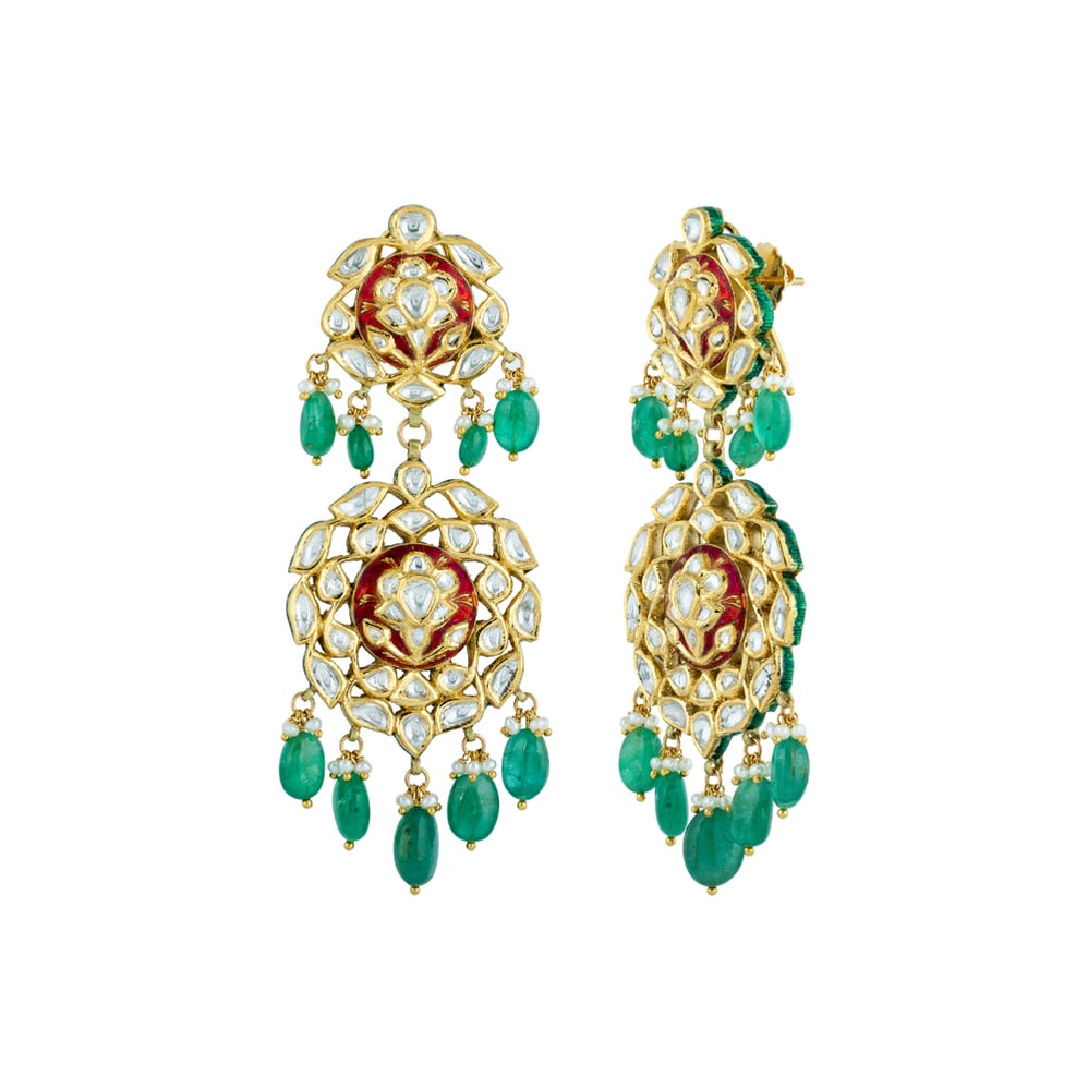 Polki Earrings with Red Enamel Base and Emerald Drops